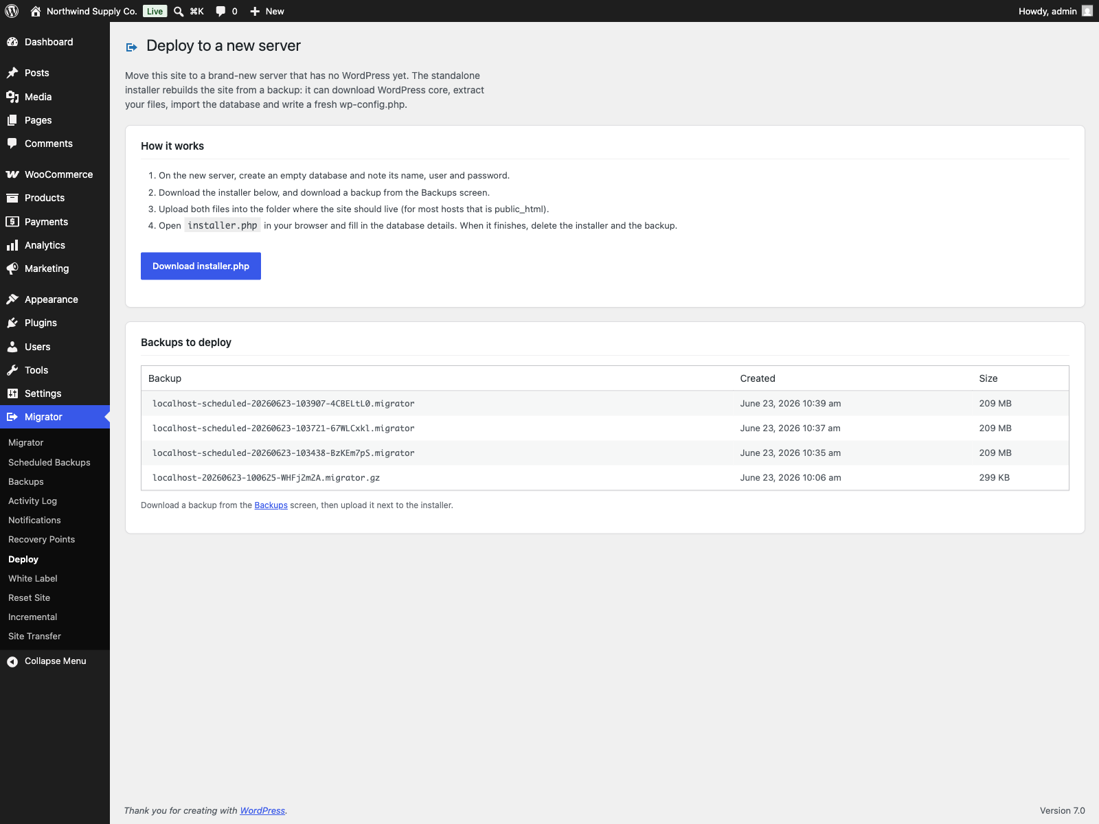 Deploy to a new server: a standalone installer rebuilds the site from a backup on an empty server