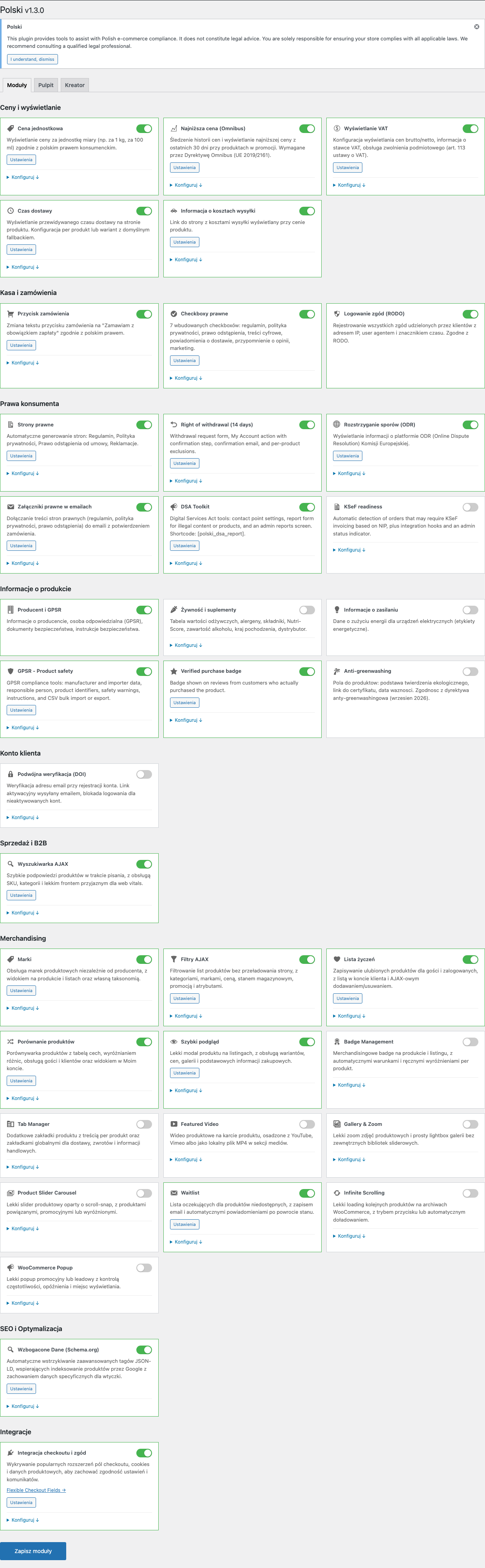 Dashboard modułów Polski for WooCommerce