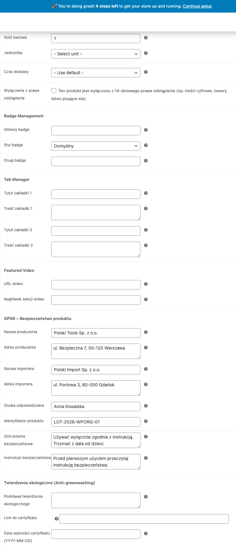 Pola GPSR w edytorze produktu WooCommerce