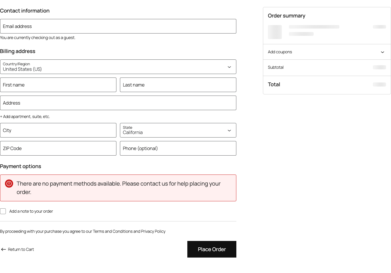 Strona kasy z checkboxami prawnymi i przyciskiem zamówienia