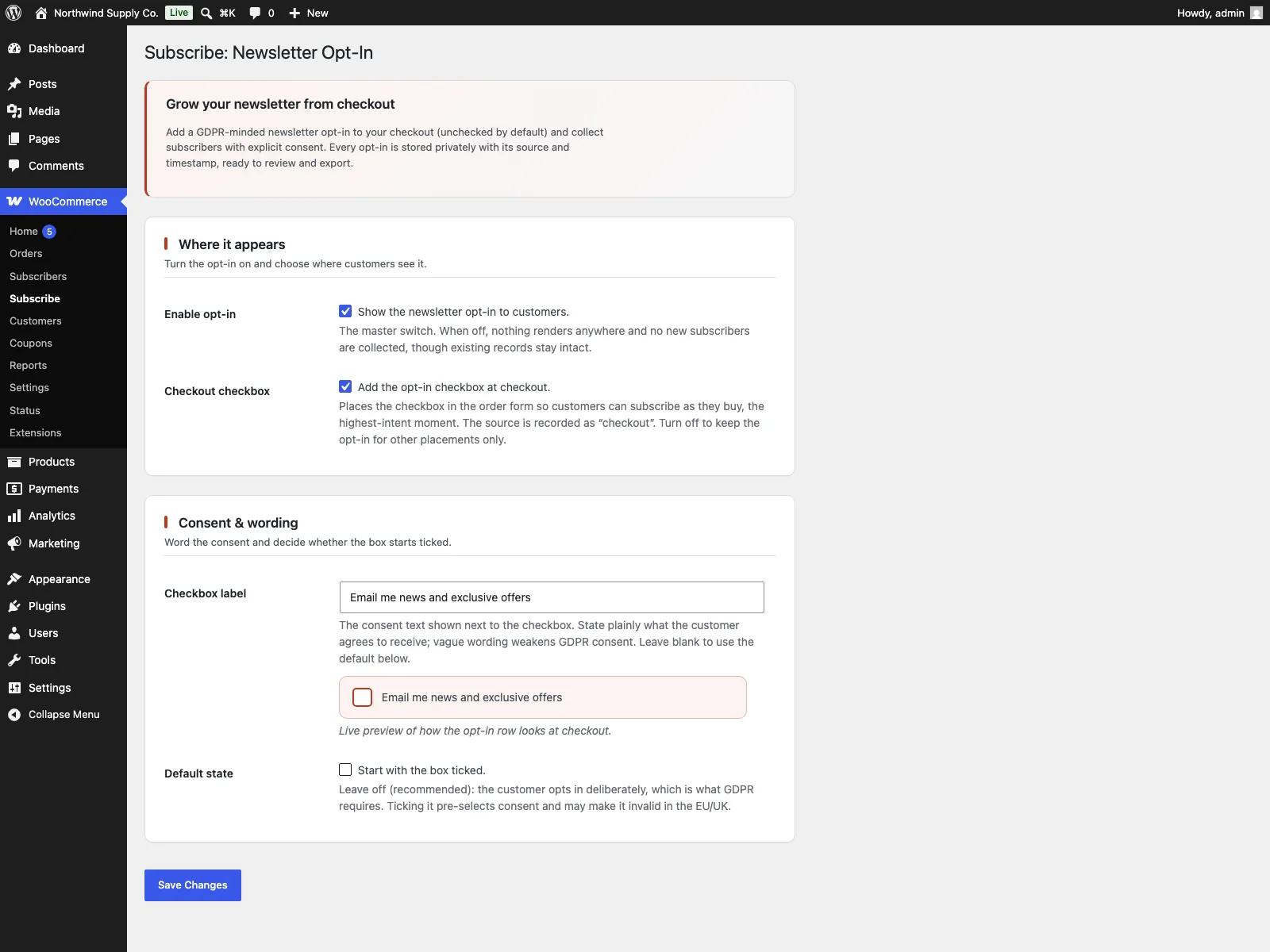 Abono settings in the dashboard