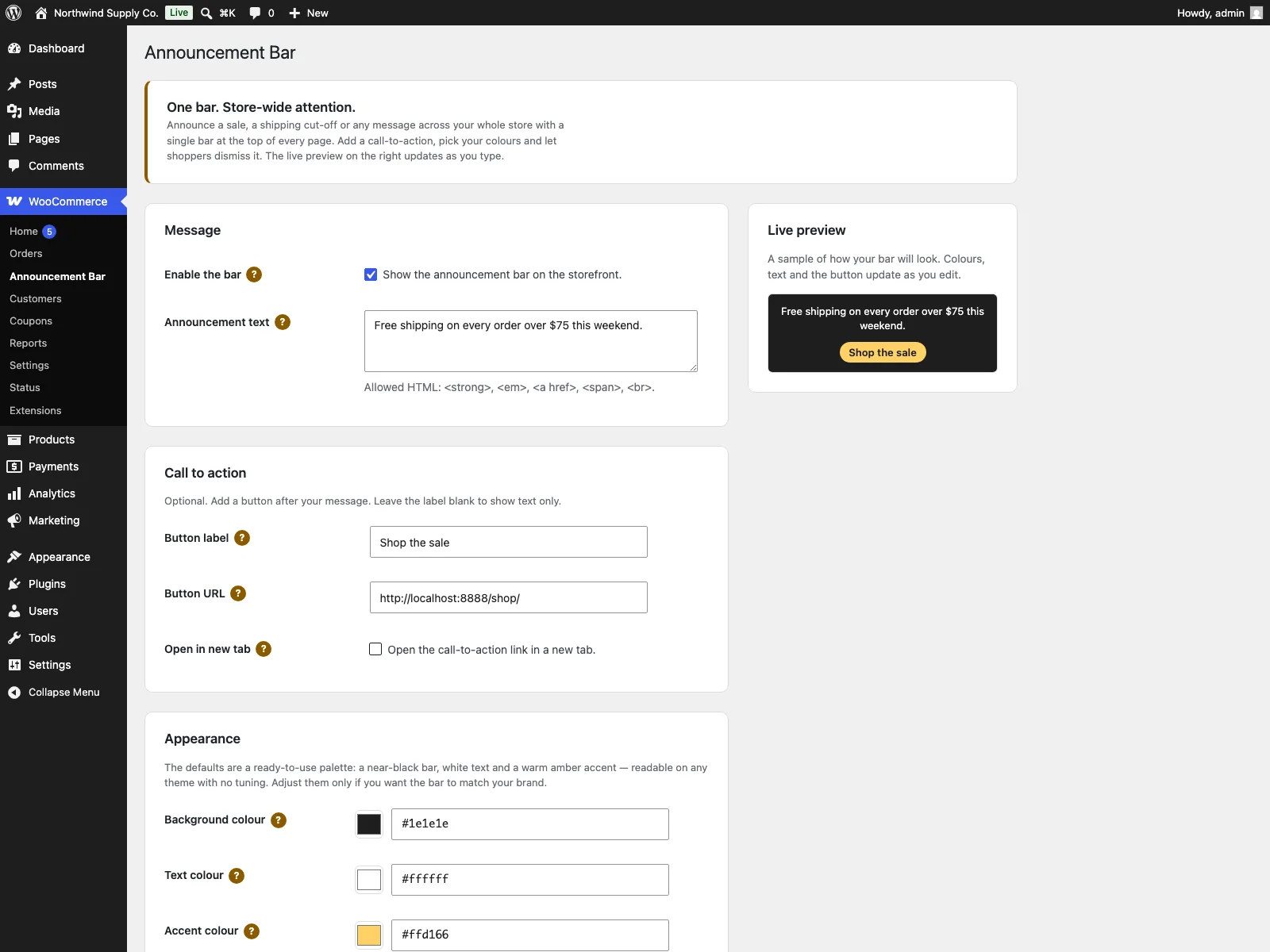 Anonco settings in the dashboard