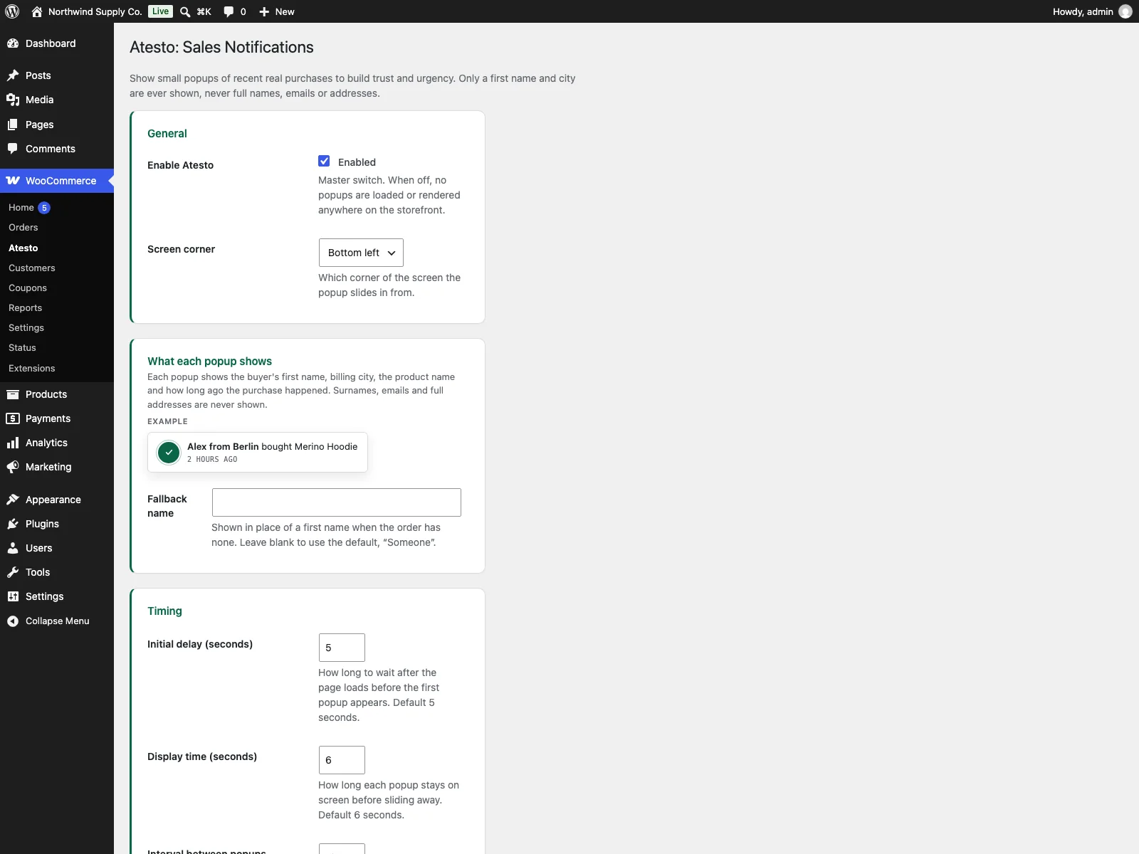 Atesto settings in the dashboard