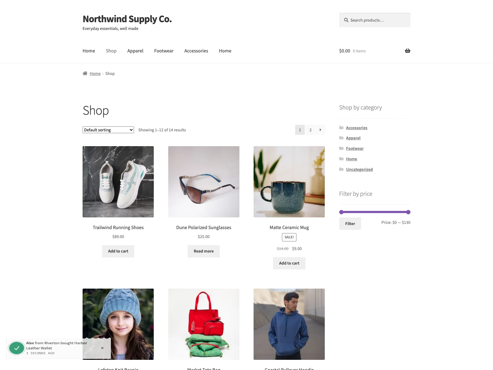 Recent-purchase notification in the corner of the shop