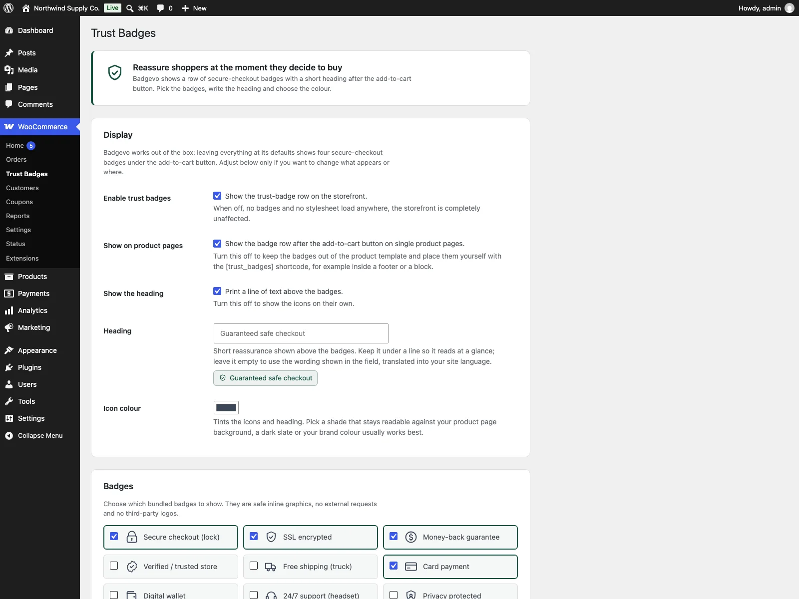 Badgevo settings in the dashboard