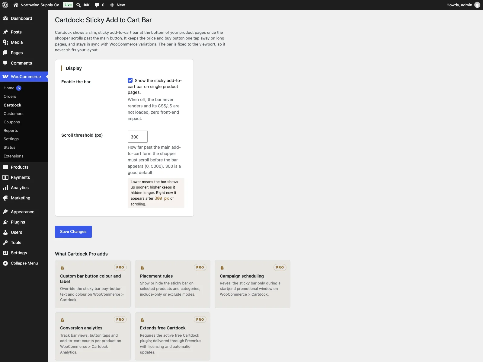 Cartdock settings in the dashboard