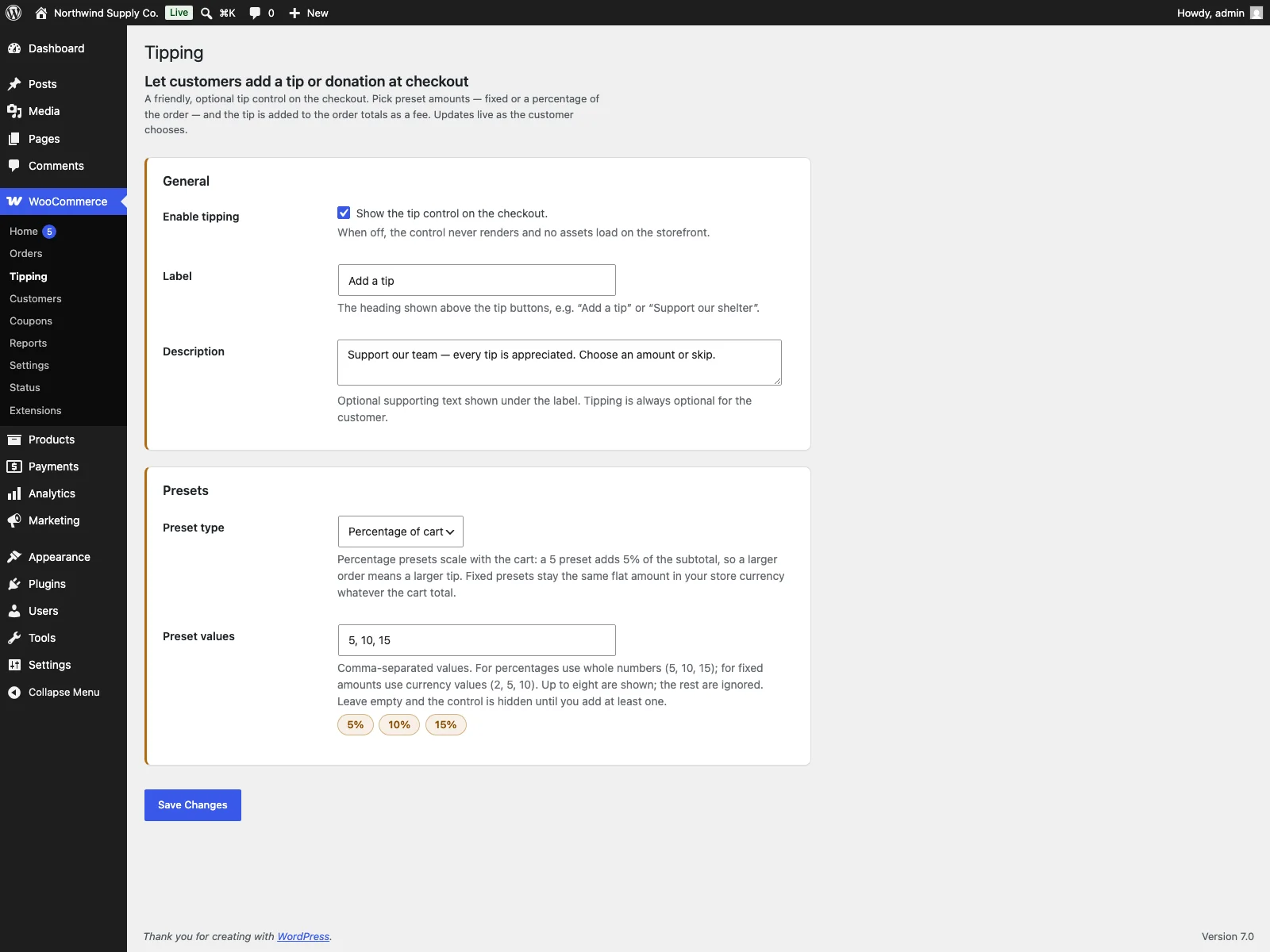Dankon settings in the dashboard