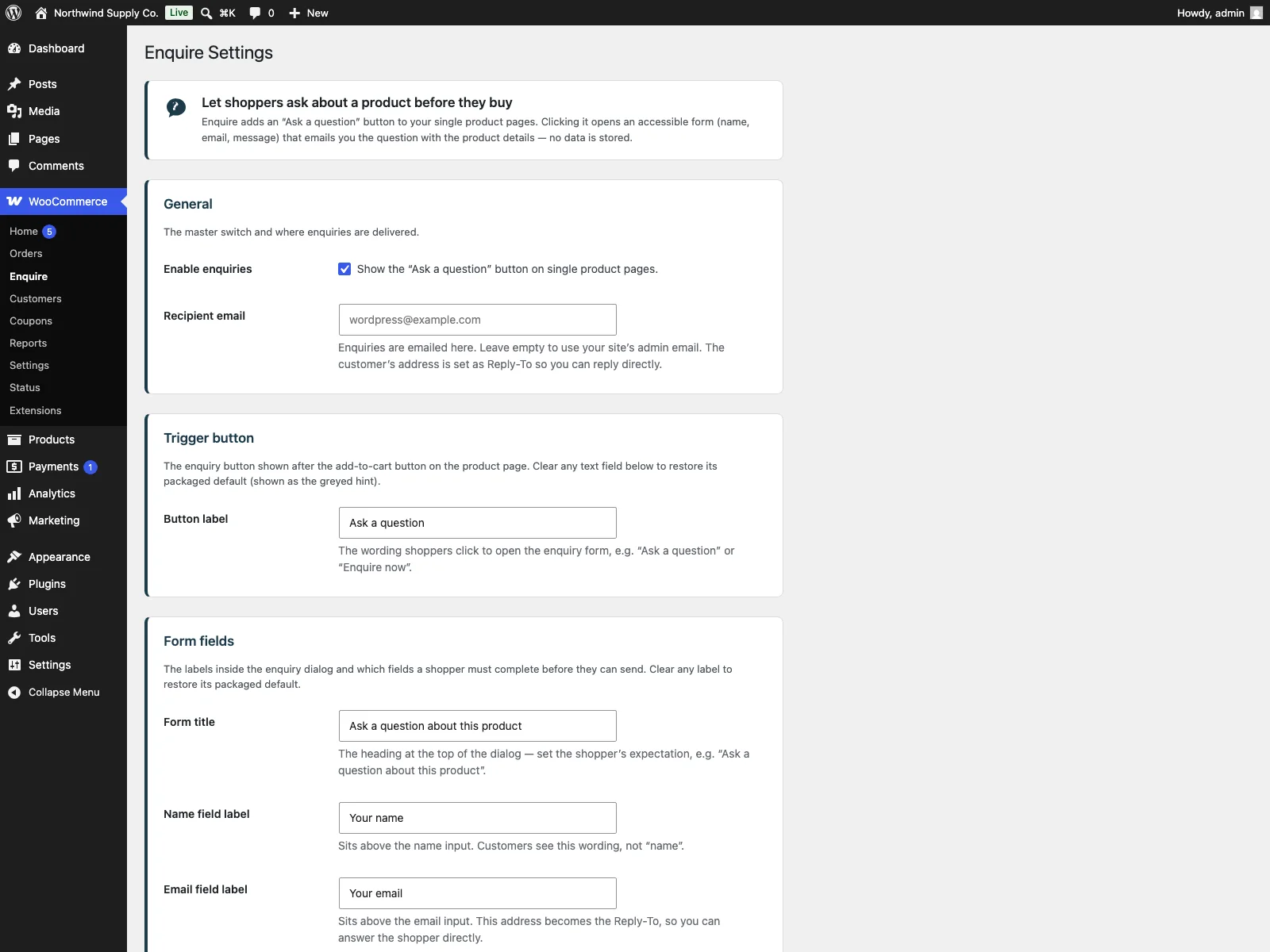 Demando settings in the dashboard