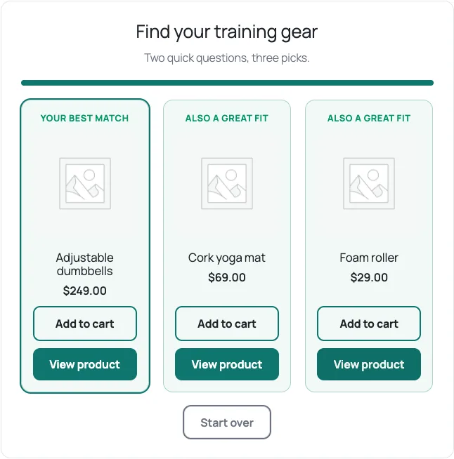 An Elektilo Pro quiz result with three recommended products