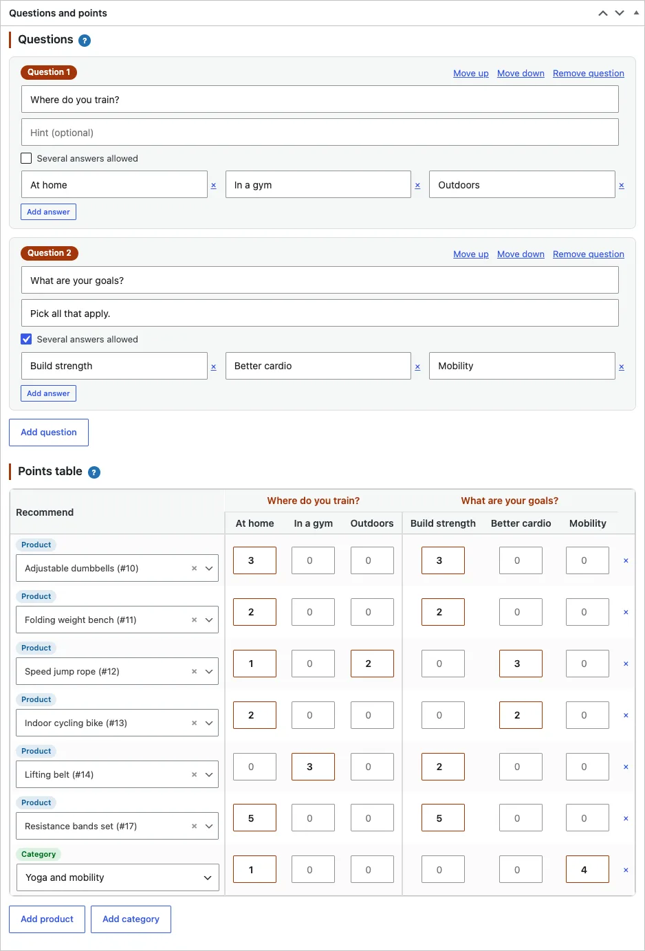 The quiz editor with questions and a points table for products and categories