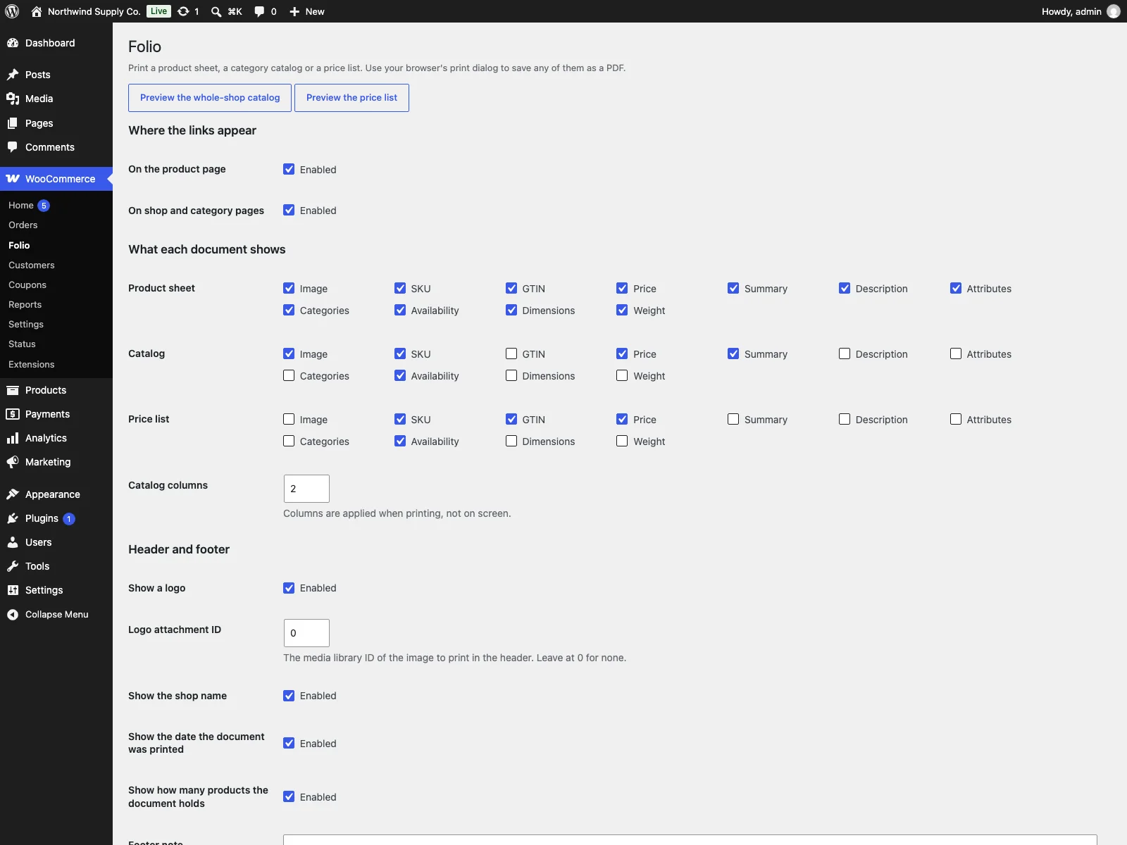The Folio settings screen with the fields for each document