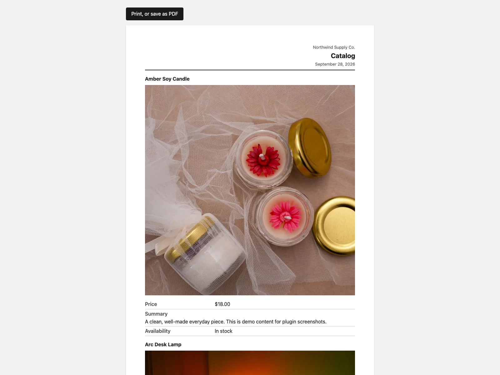 A Folio catalog with products, prices and availability