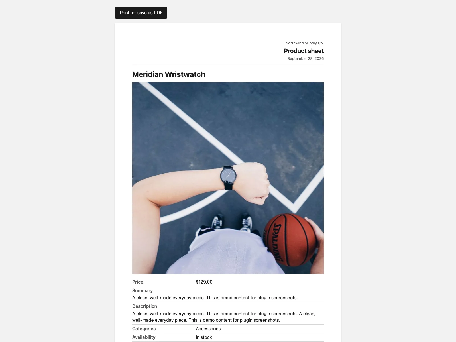 A Folio product sheet with image, price and description
