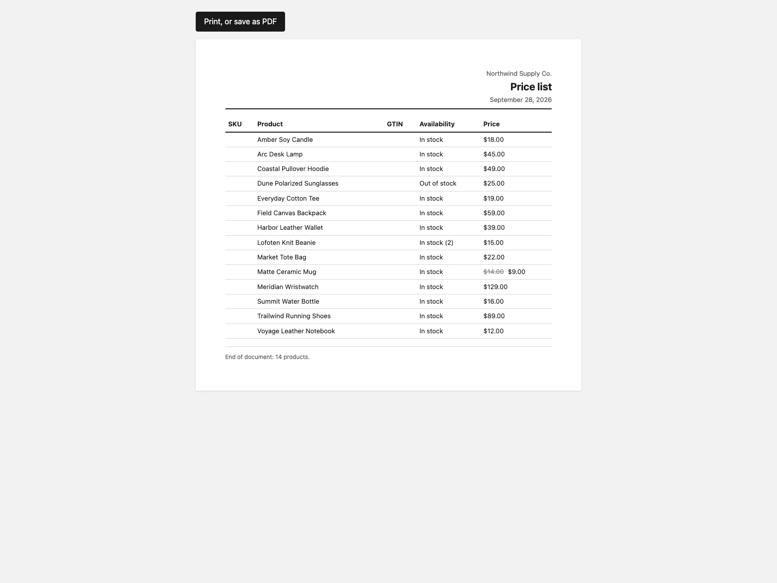 A Folio price list table with a struck-through regular price on a sale item
