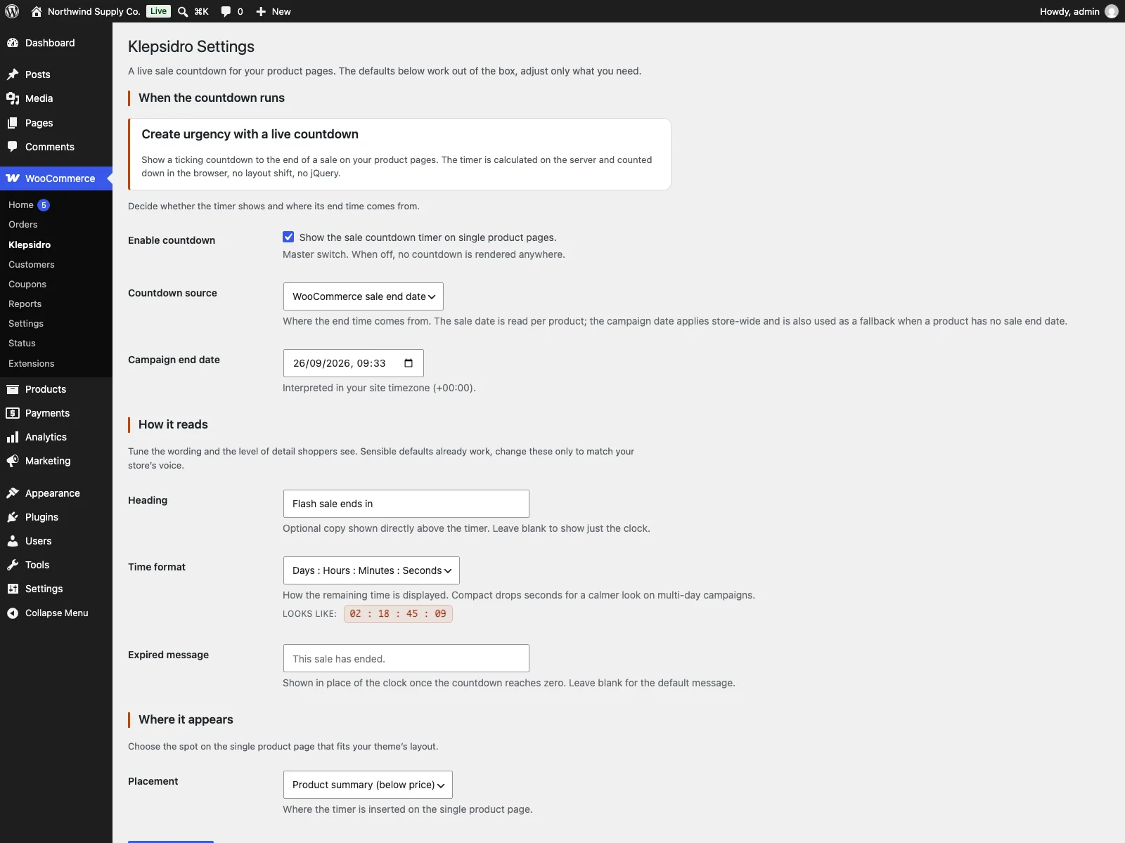 Klepsidro settings in the dashboard