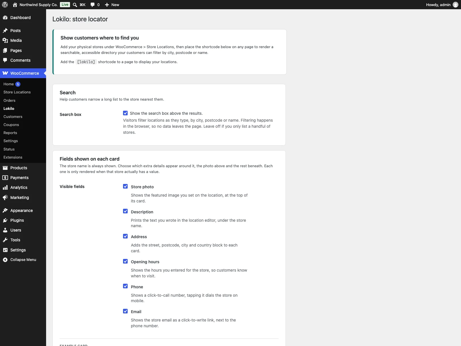 Lokilo settings in the dashboard