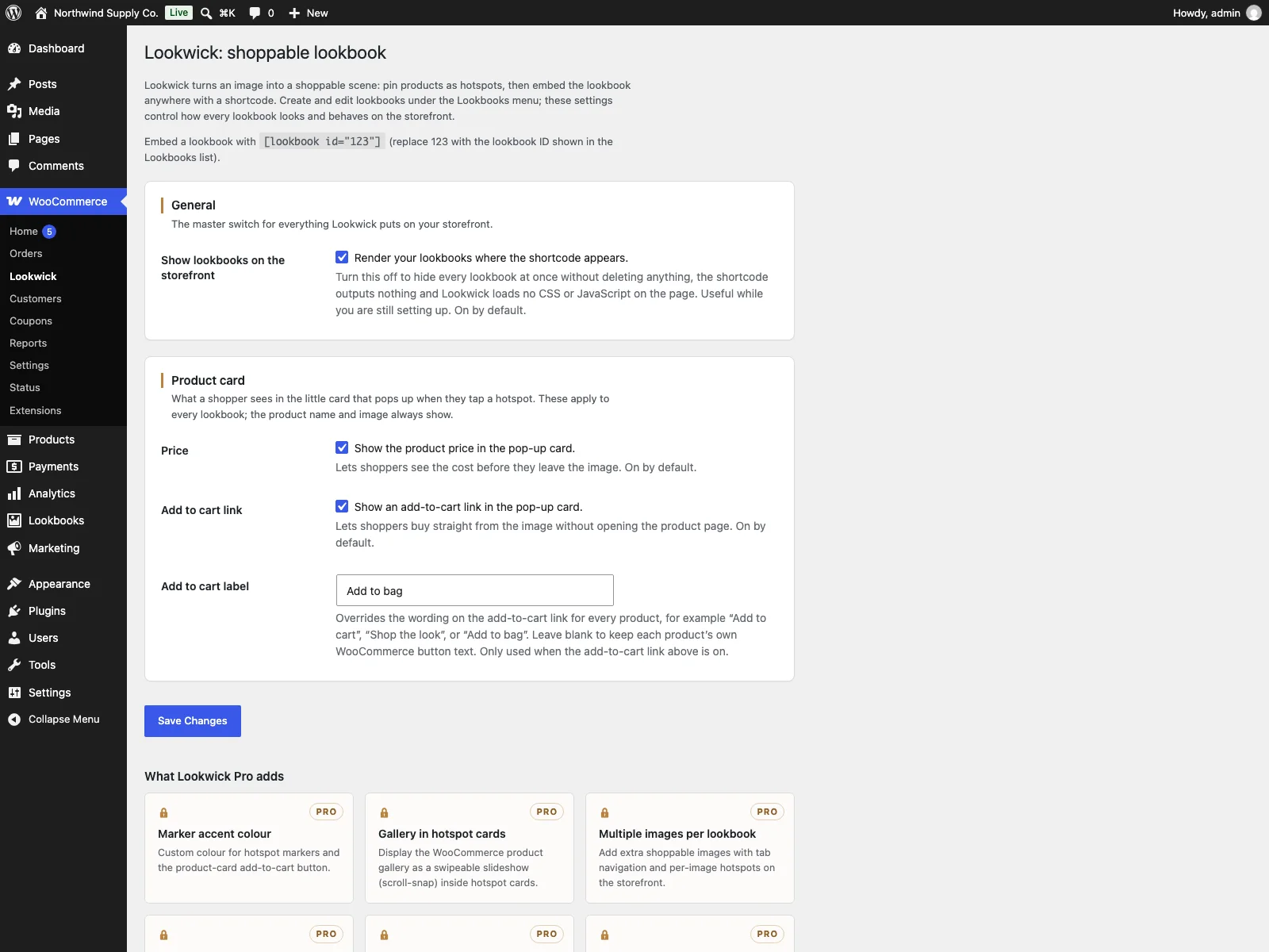 Lookwick settings in the dashboard