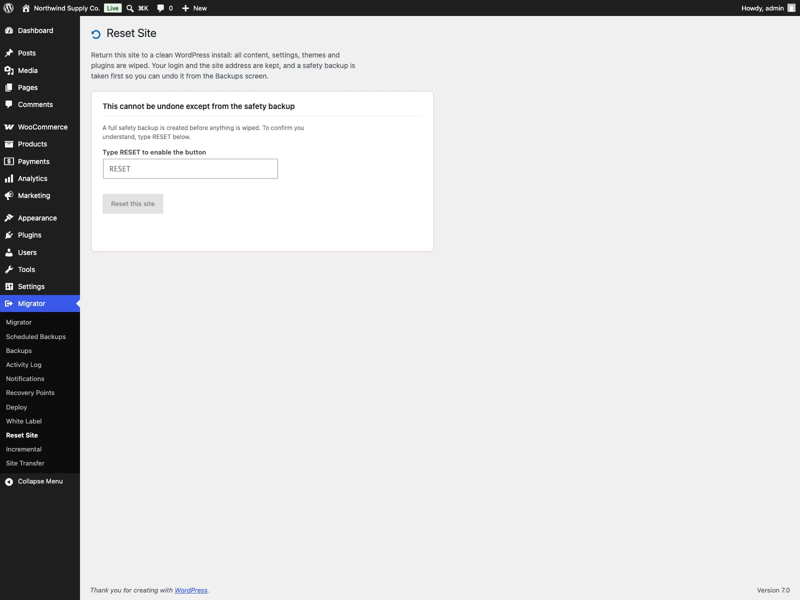 Website-Reset von Migrator Pro