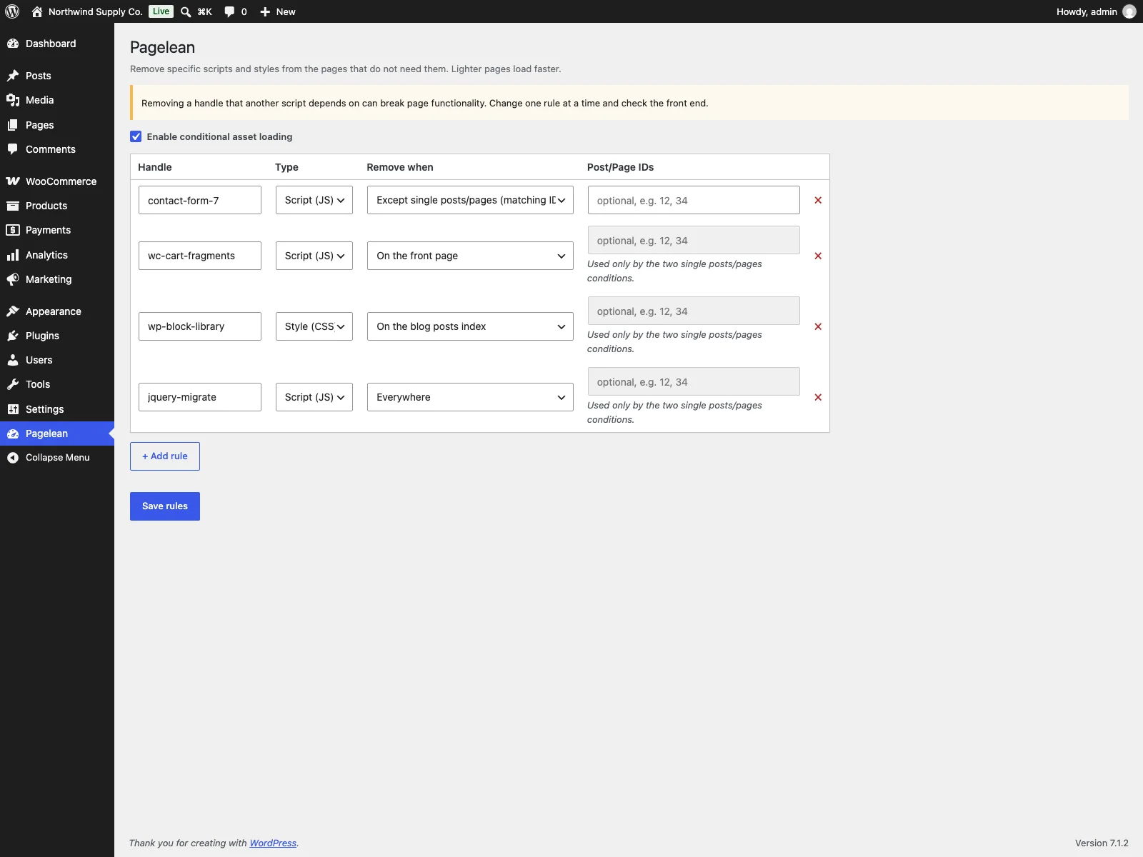 Regel-Tabelle von Pagelean im WordPress-Admin
