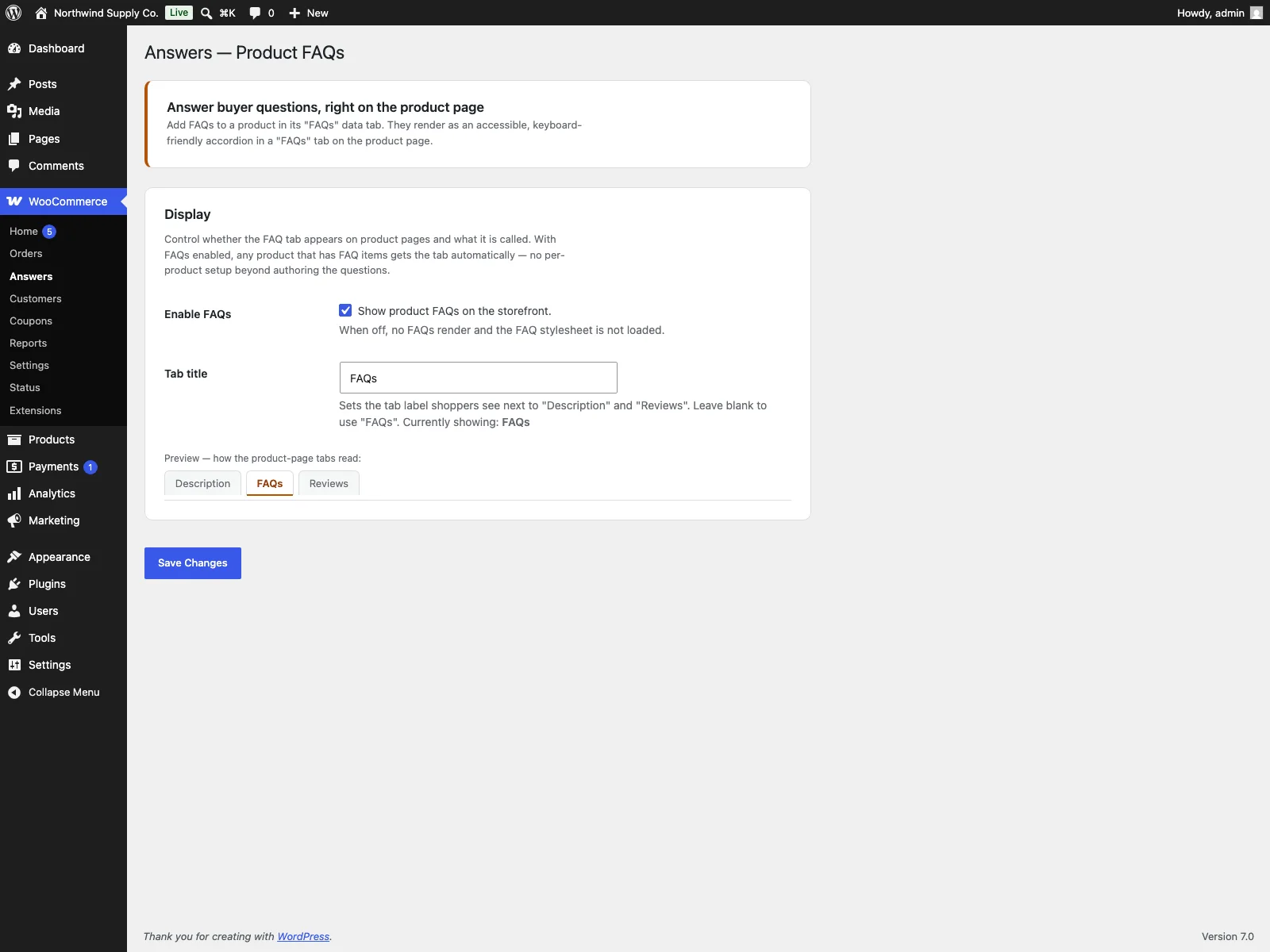 Answers-Einstellungen im Dashboard