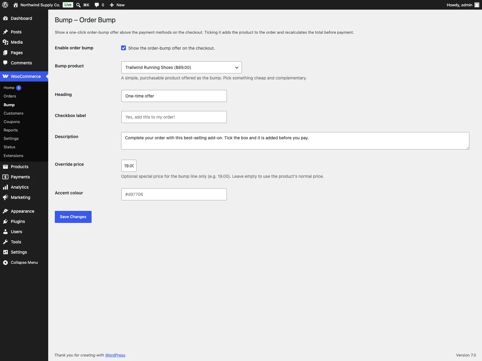 Ustawienia Bump w panelu WooCommerce
