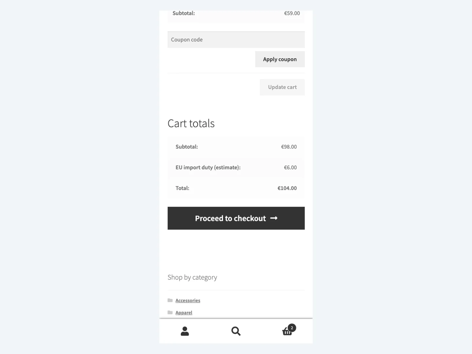 EU import duty in the cart on a phone