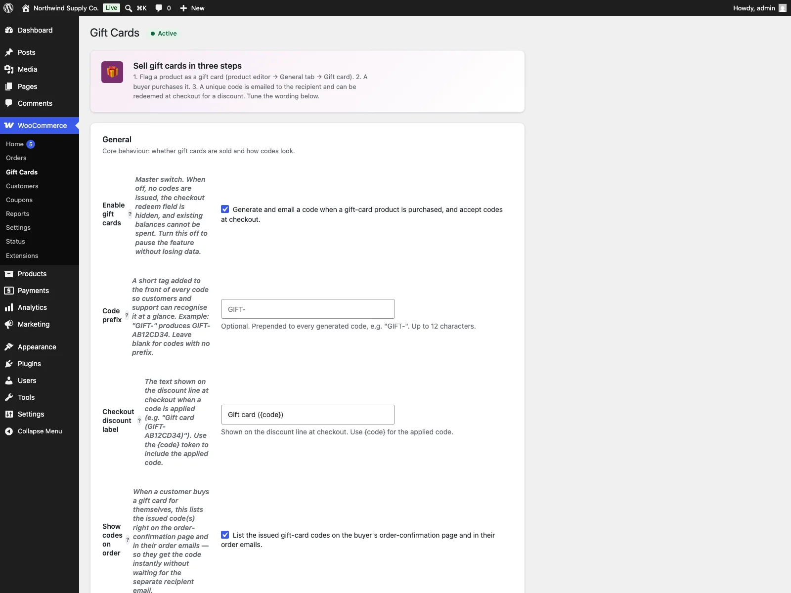 Gift-Cards-Einstellungen im Dashboard