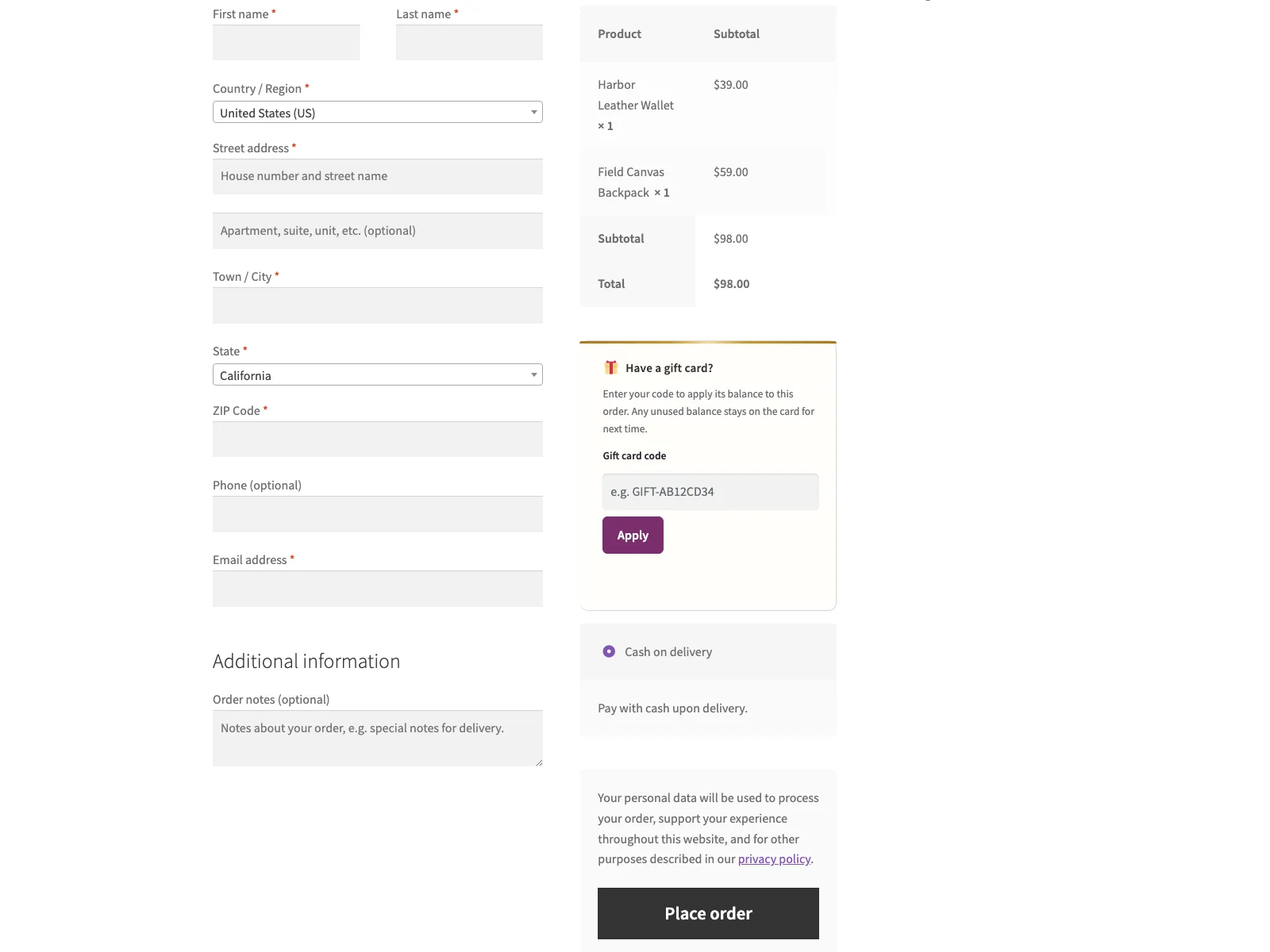 Einlösen eines Geschenkgutscheins an der WooCommerce-Kasse