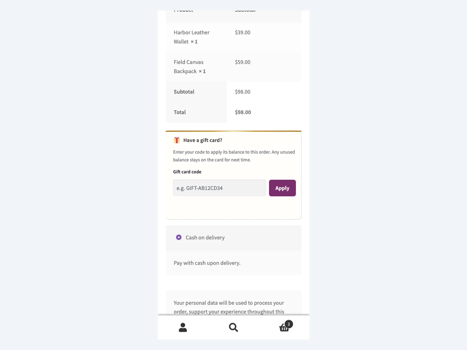Einlösefeld für Geschenkgutscheine an der Kasse auf dem Smartphone