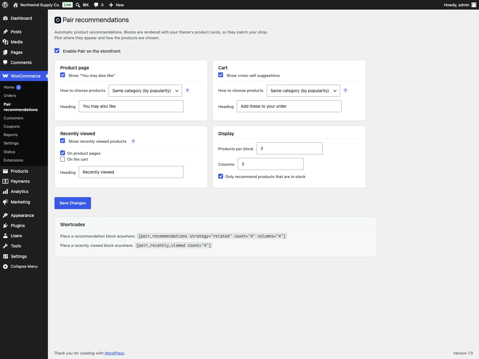 Pair-Einstellungen im WooCommerce Admin