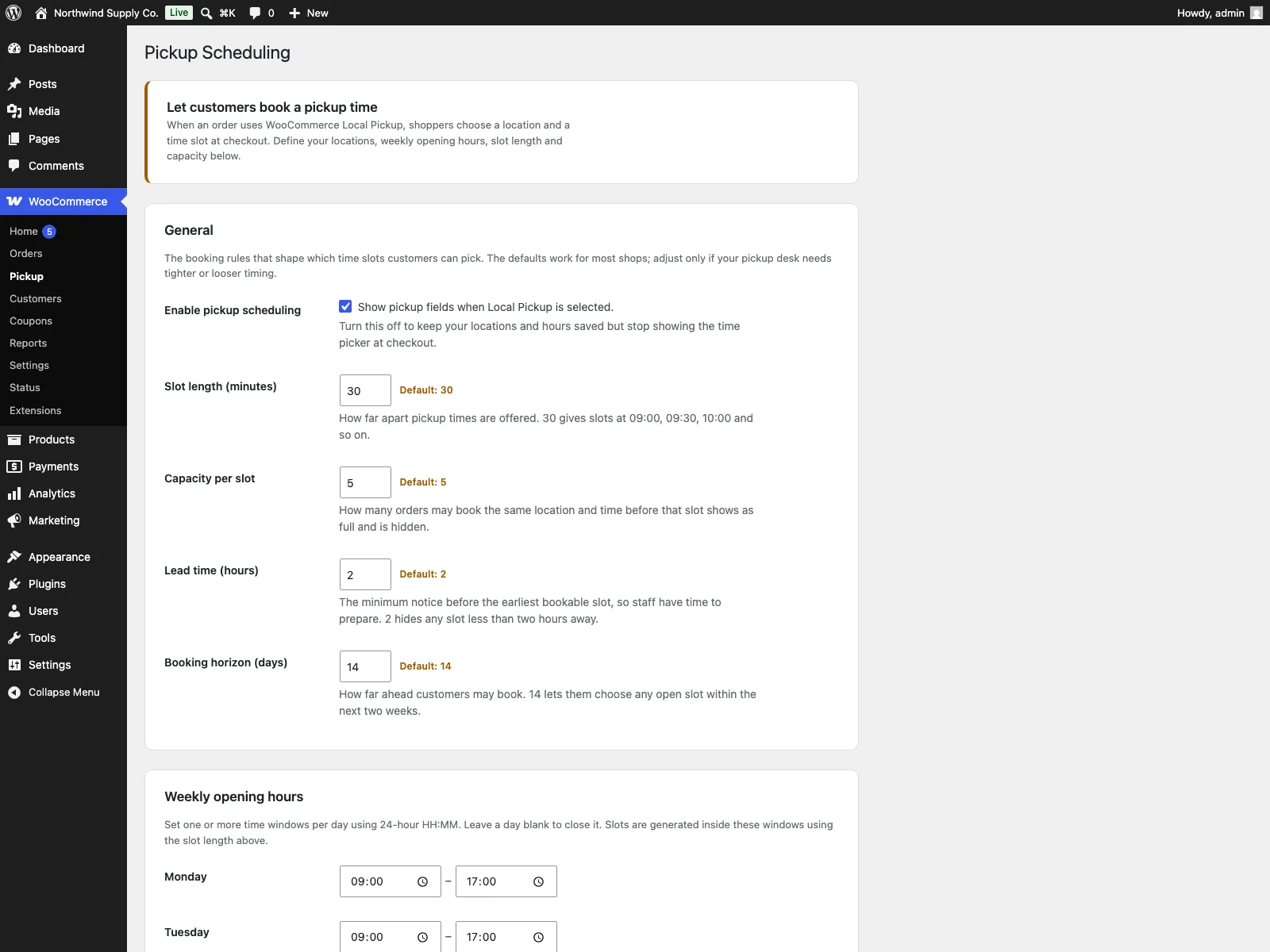 Pickup-Einstellungen im Dashboard