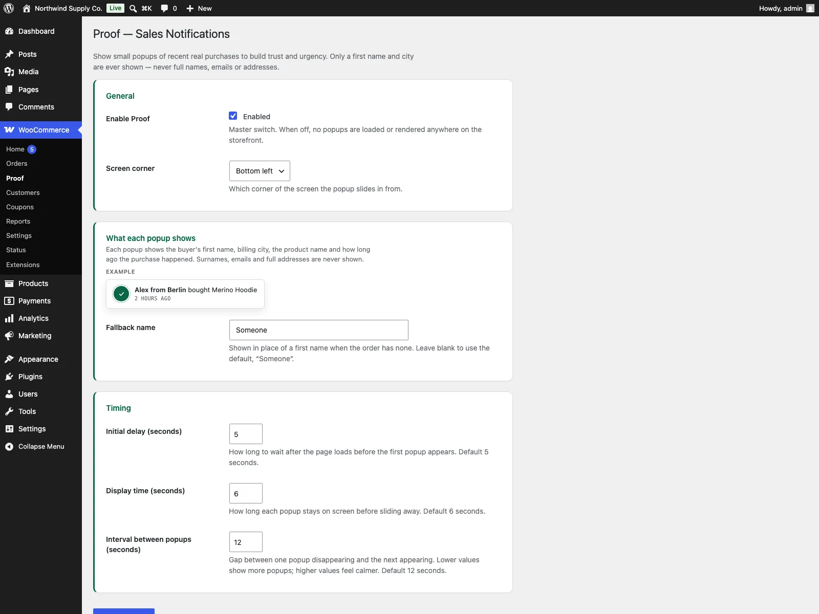 Proof-Einstellungen im Dashboard