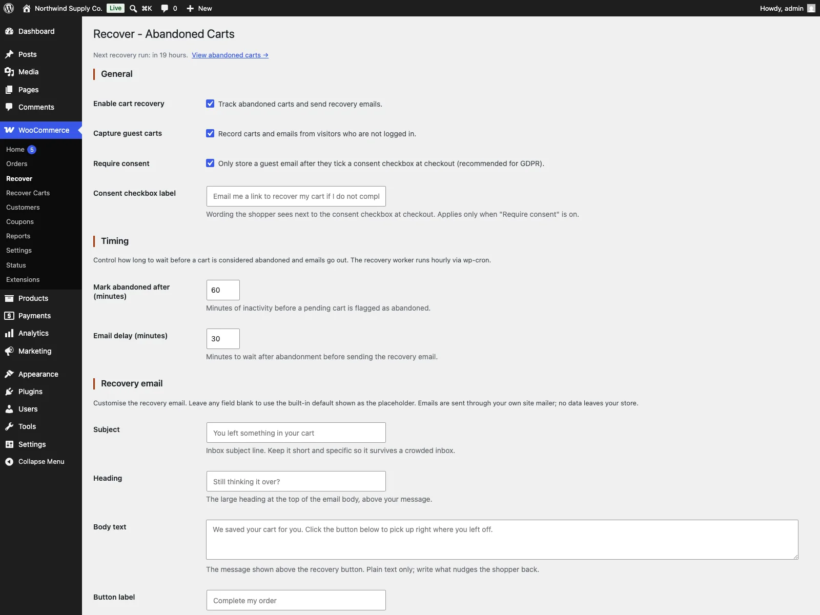 Recover-Einstellungen im Dashboard