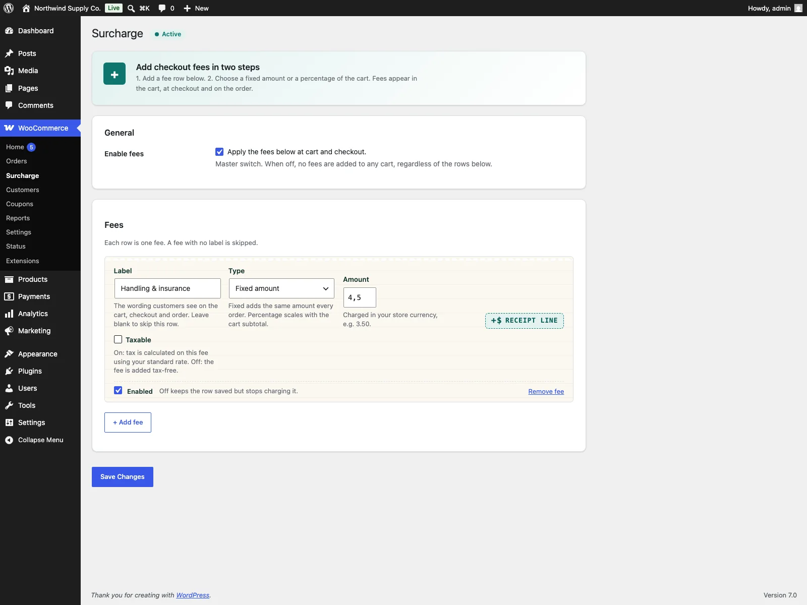 Surcharge-Einstellungen im Dashboard