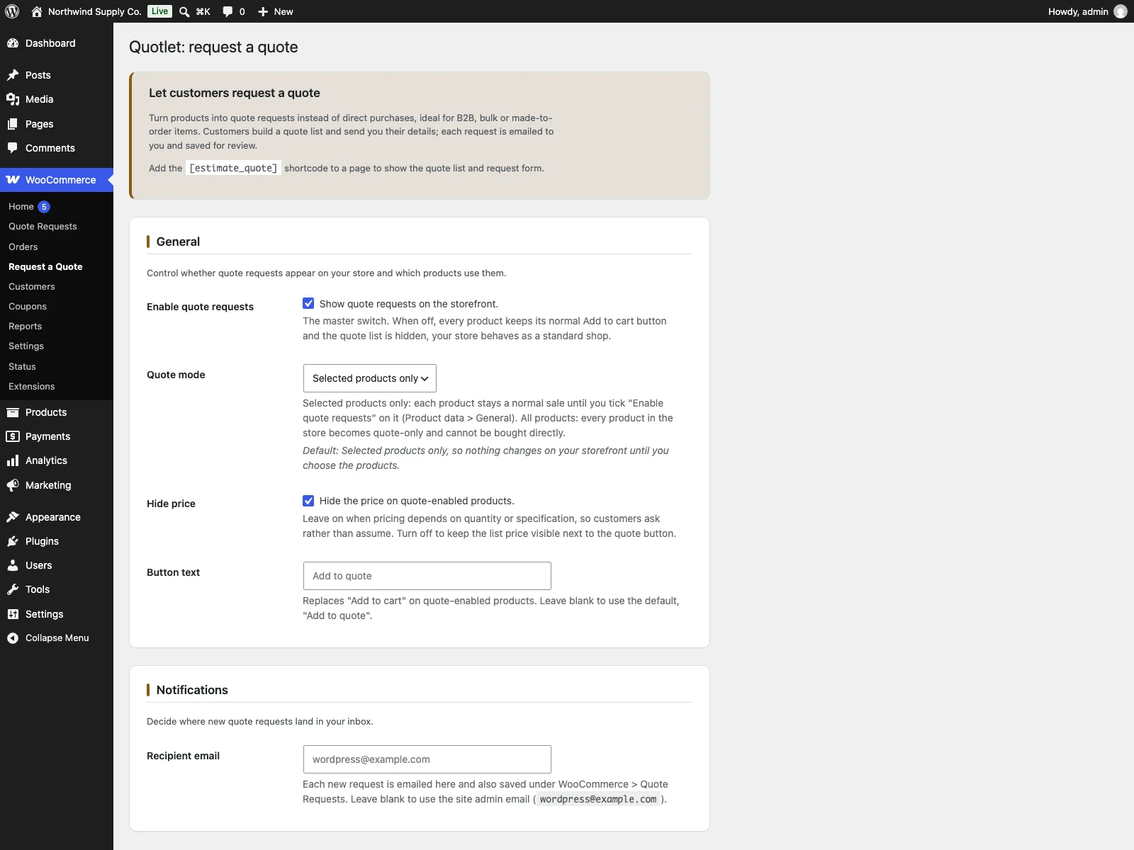 Quotlet settings in the dashboard