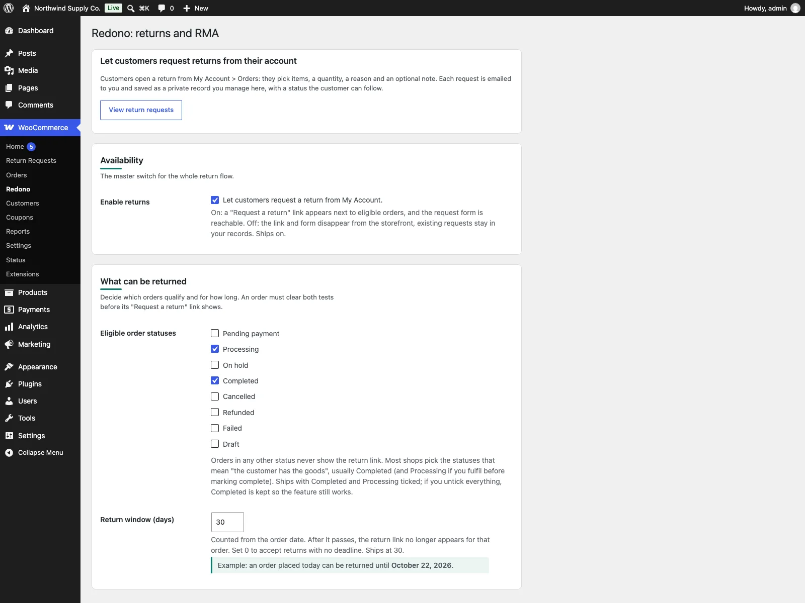 Redono settings in the dashboard