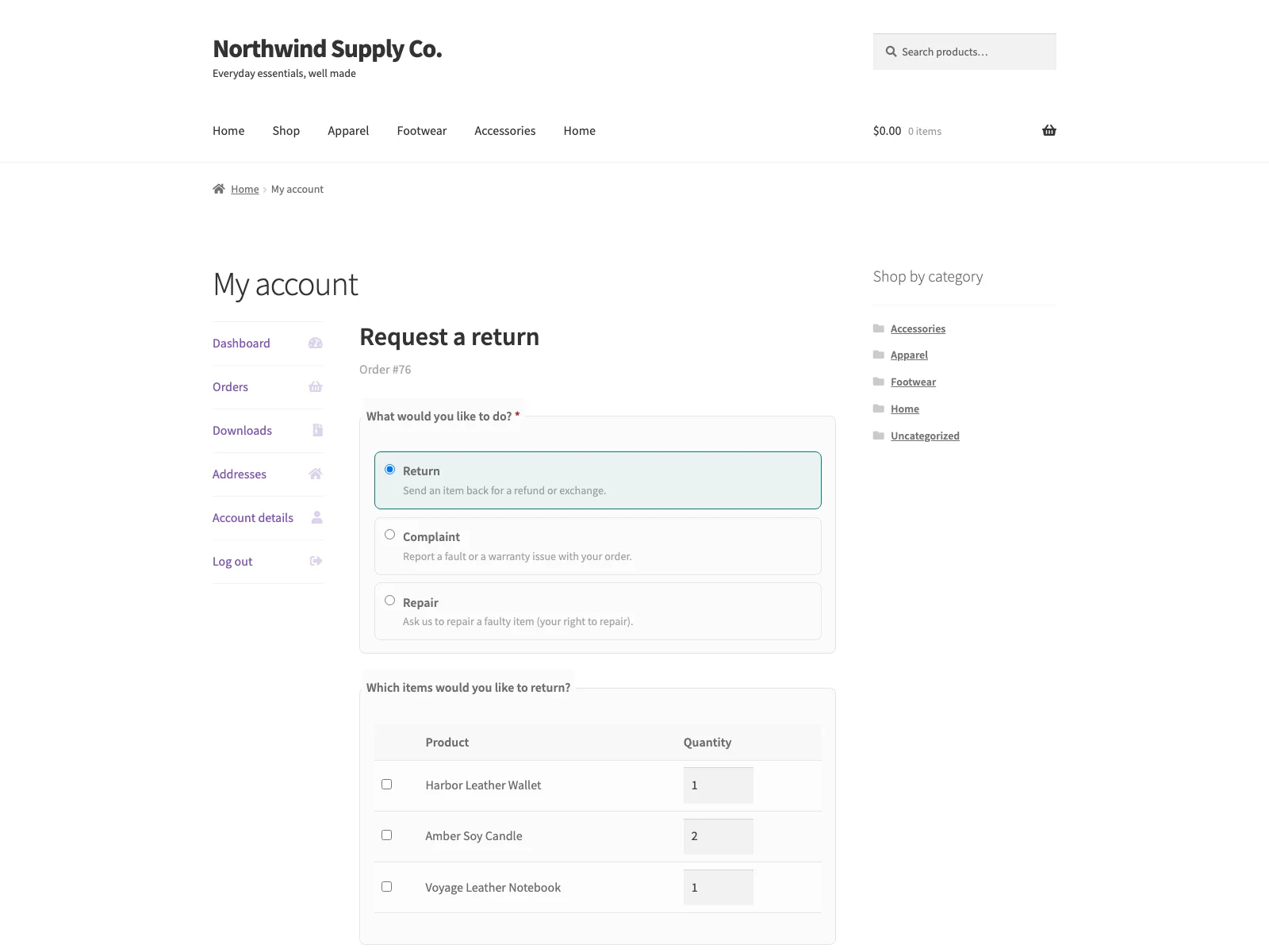 Return request form in My Account