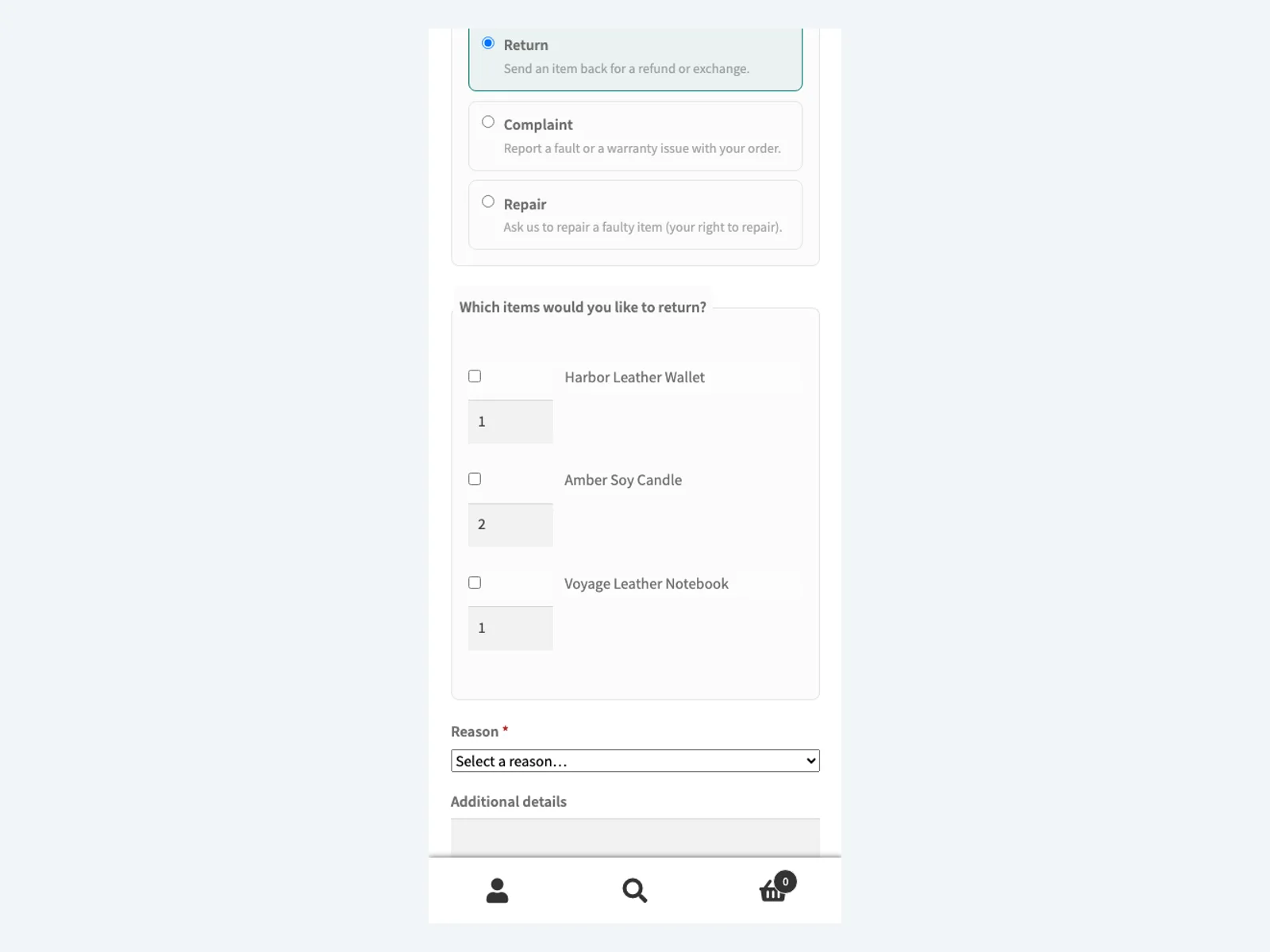 Return request form on mobile