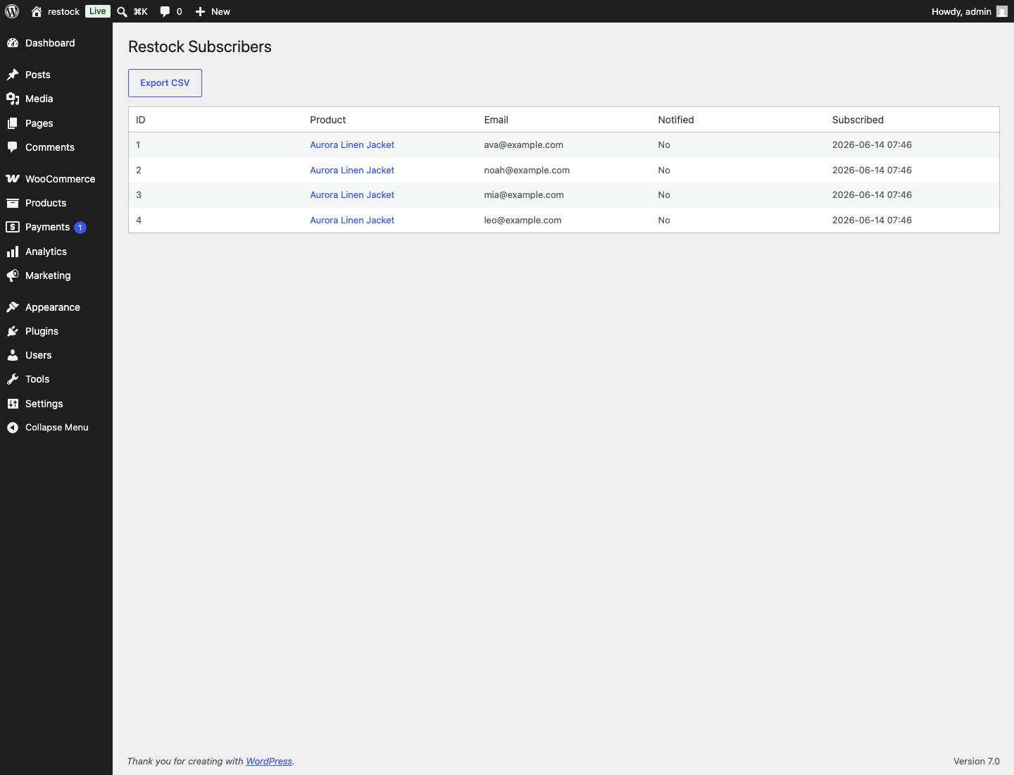 Restock subscriber list in the WooCommerce admin
