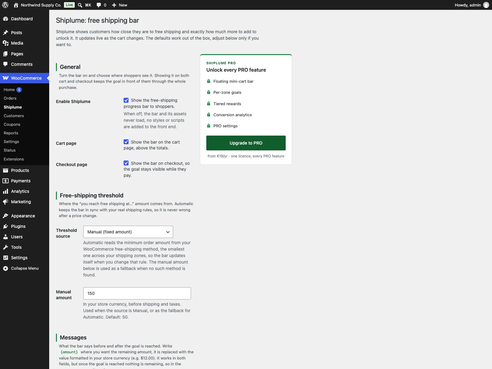Shiplume settings in the dashboard