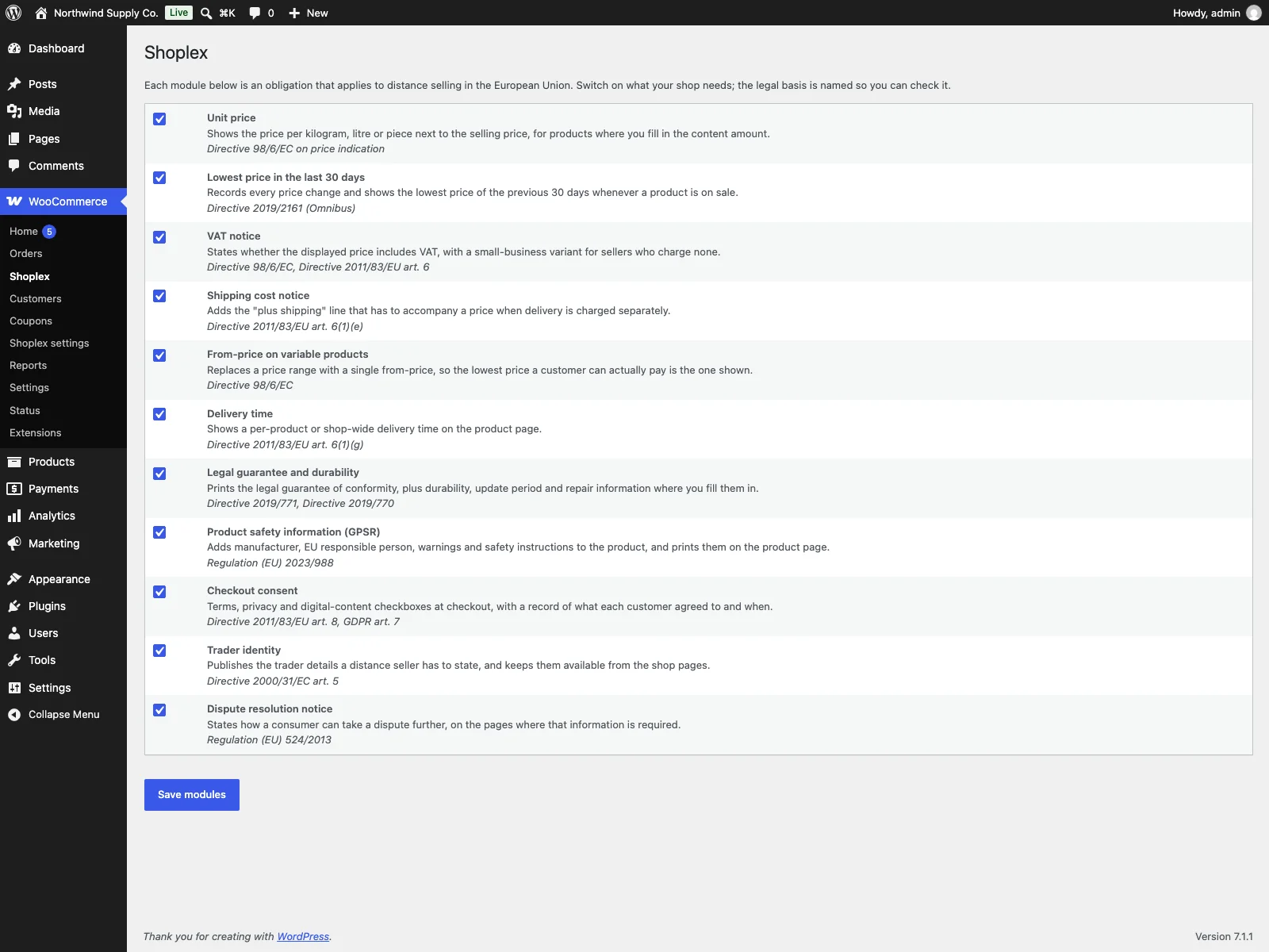 The Shoplex module list in WooCommerce admin with the legal basis of each