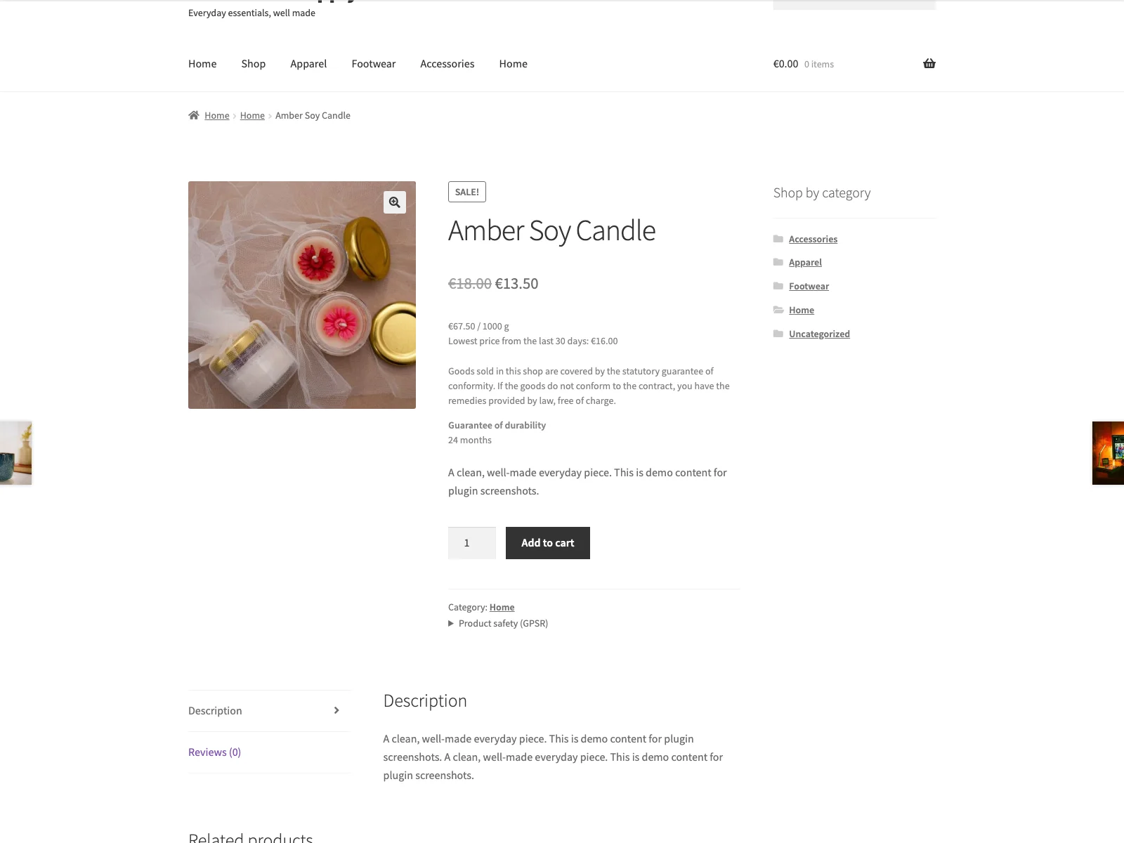 Unit price and lowest-price notice on a product page