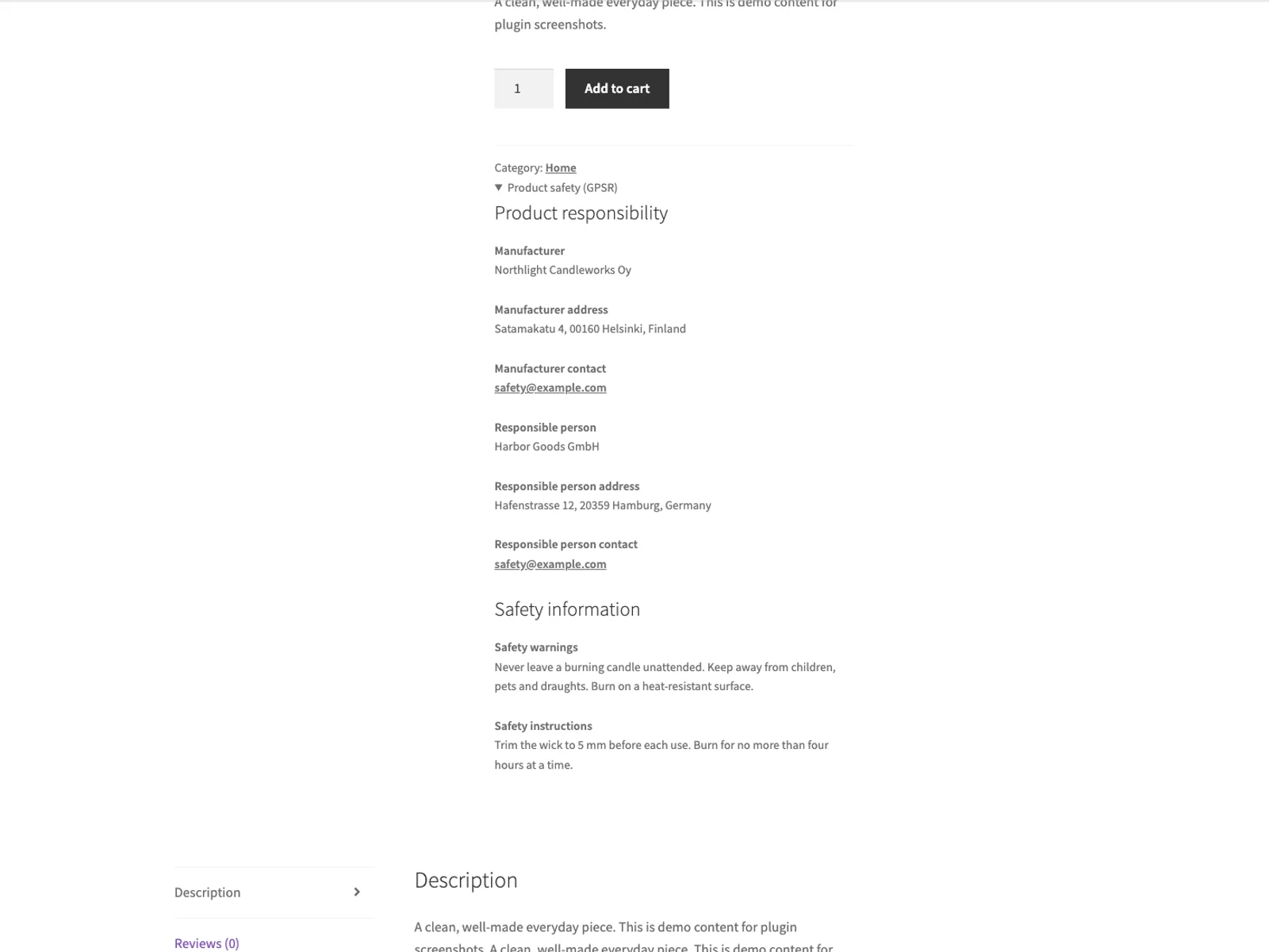 GPSR product safety information on a product page