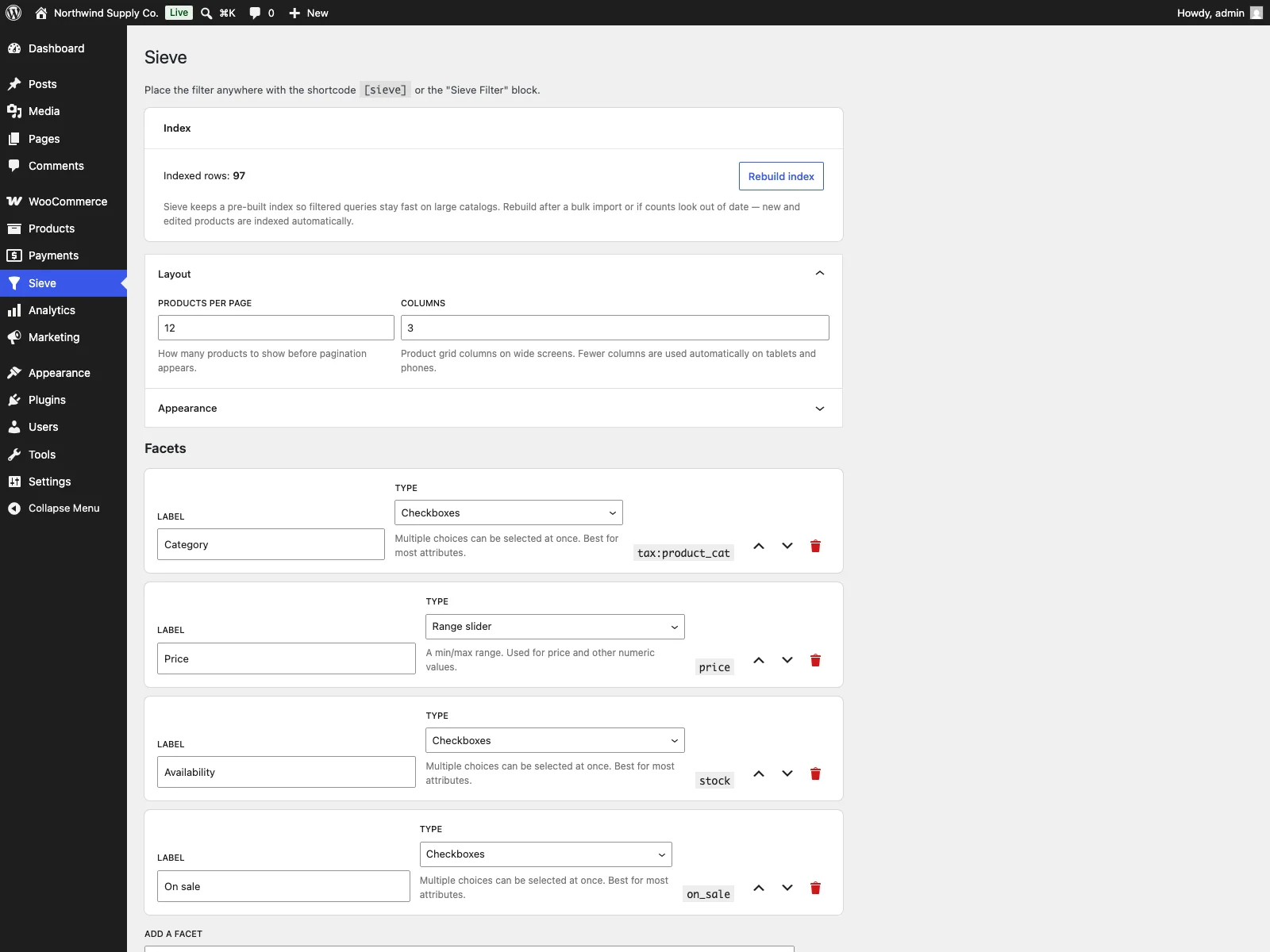 Constructor de facetas de Sieve en la administración de WordPress