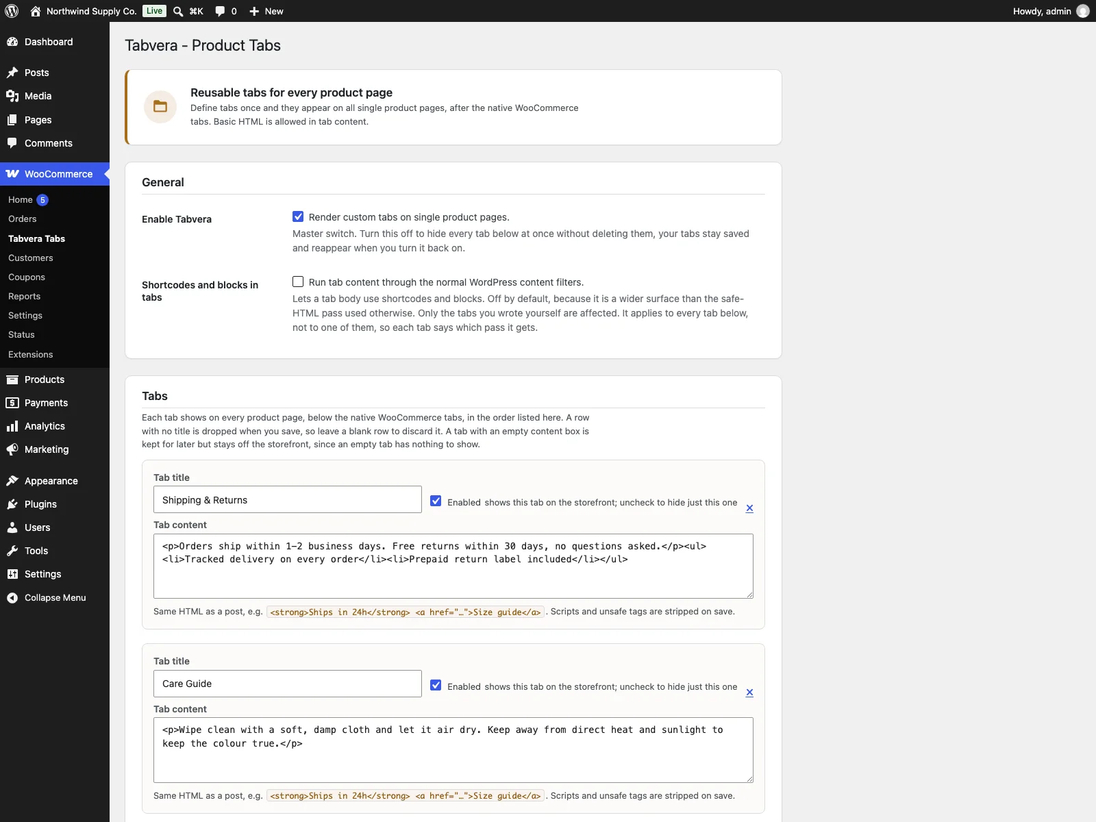 Tabvera settings in the dashboard