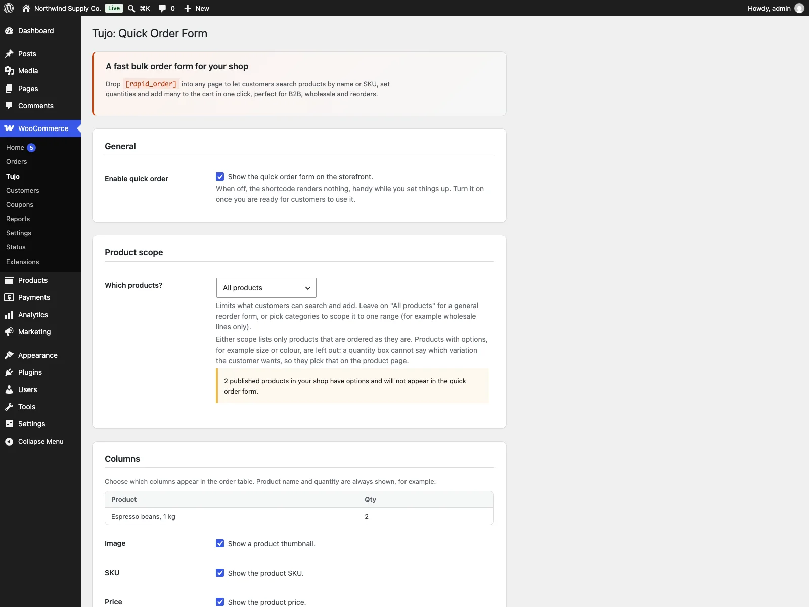 Tujo settings in the dashboard