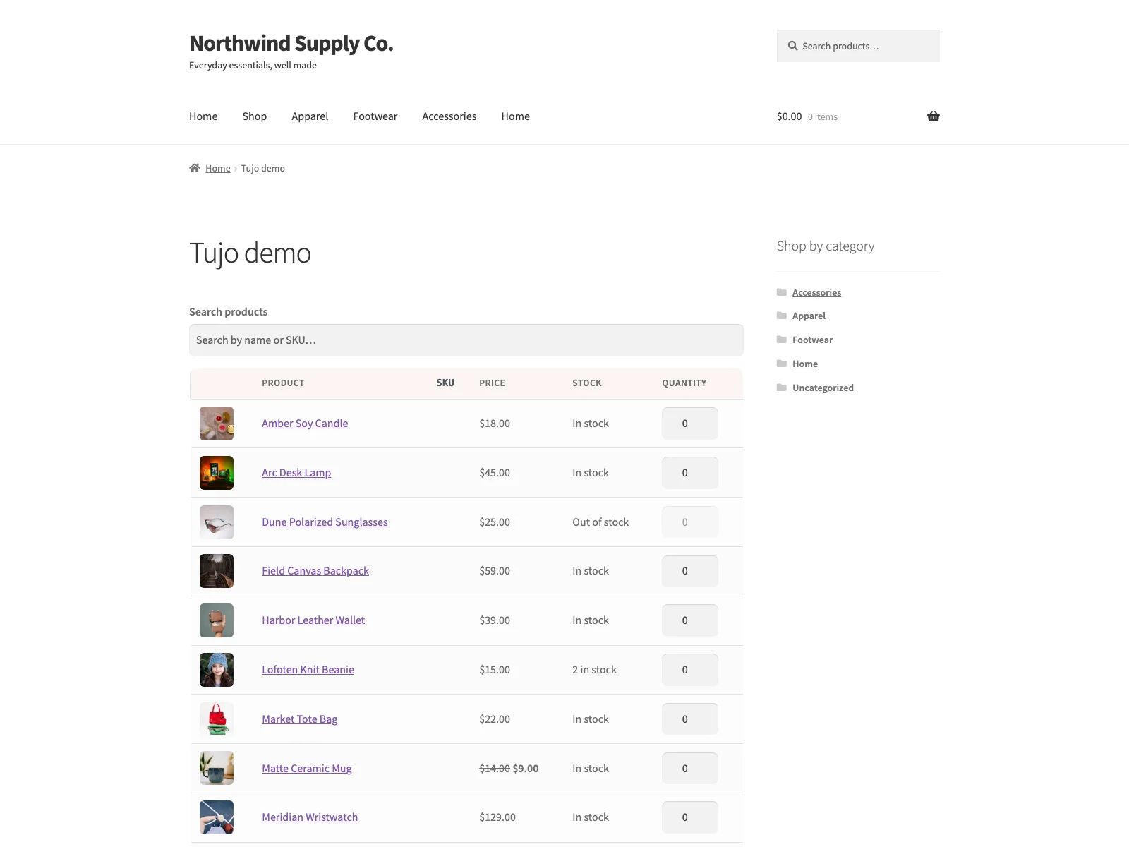 Quick order form with a product list